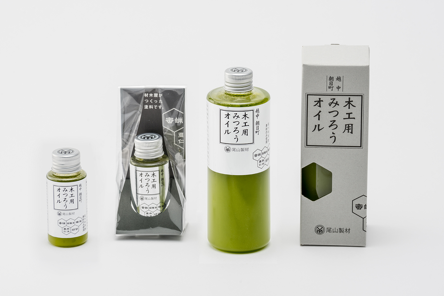 尾山製材木工用みつろうオイル　パッケージデザイン